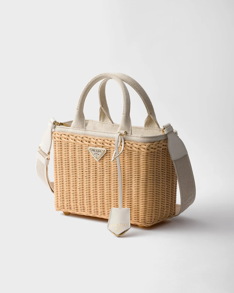 Medium wicker and linen blend tote bag