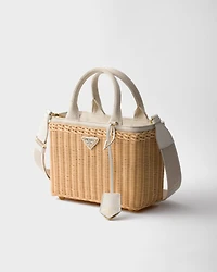Medium wicker and linen blend tote bag