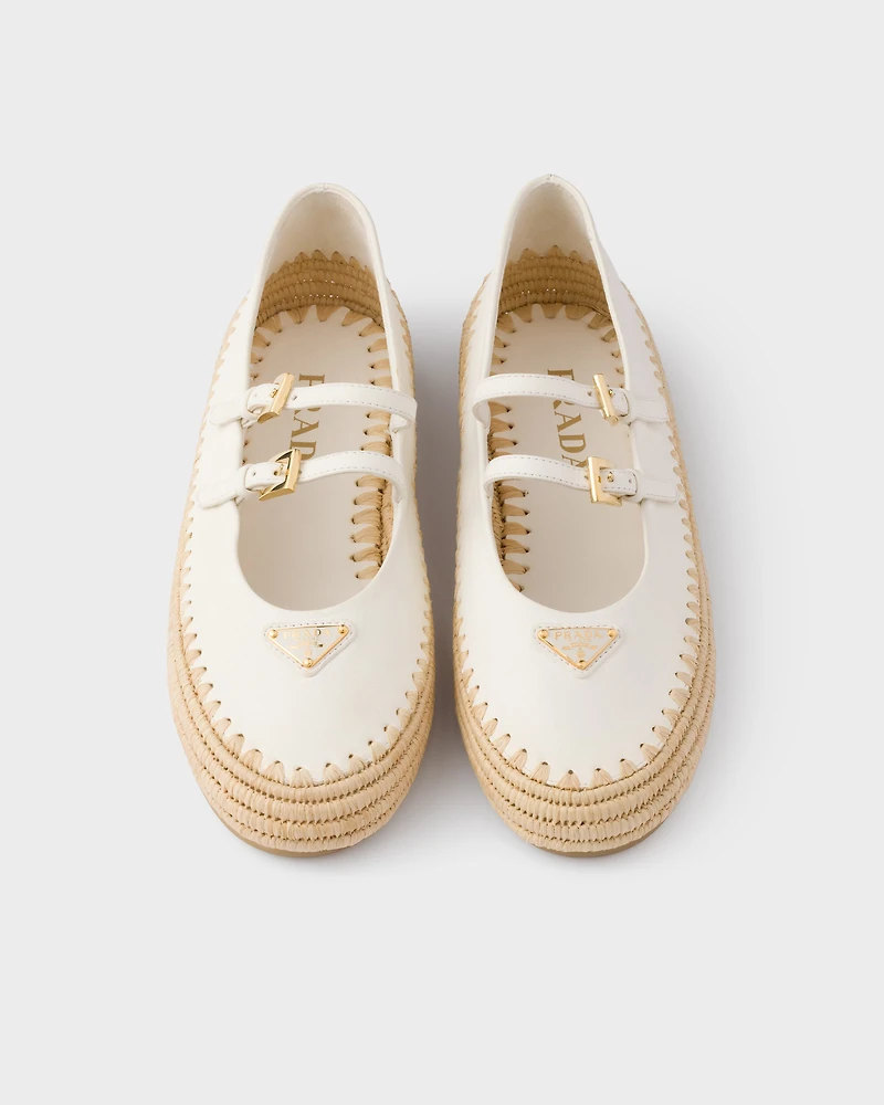 Nappa leather and raffia ballerinas