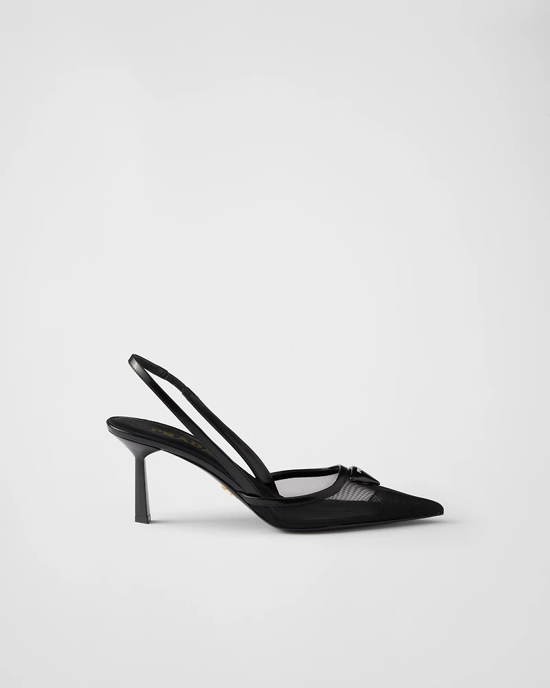 Mesh fabric slingback pumps