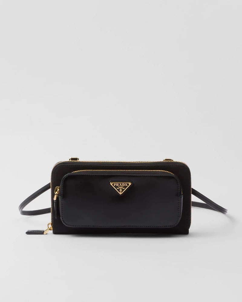 Re-Nylon and brushed leather wallet with shoulder strap