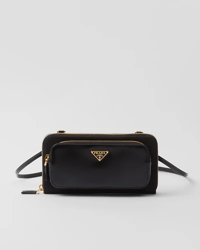 Re-Nylon and brushed leather wallet with shoulder strap