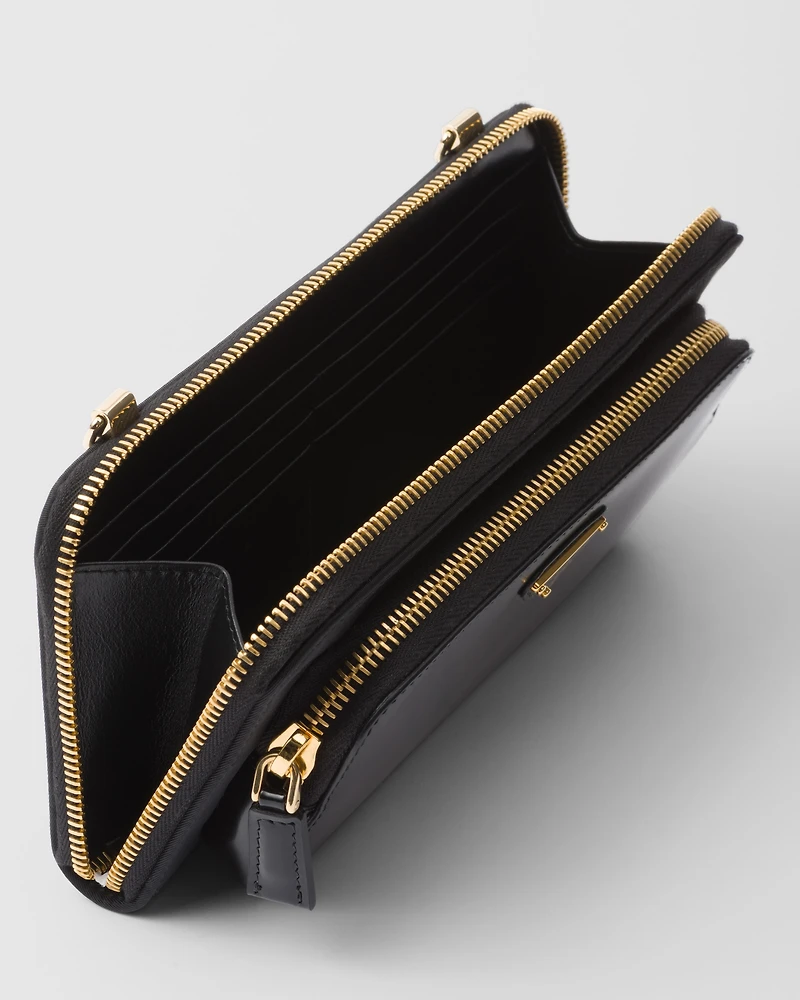 Re-Nylon and brushed leather wallet with shoulder strap