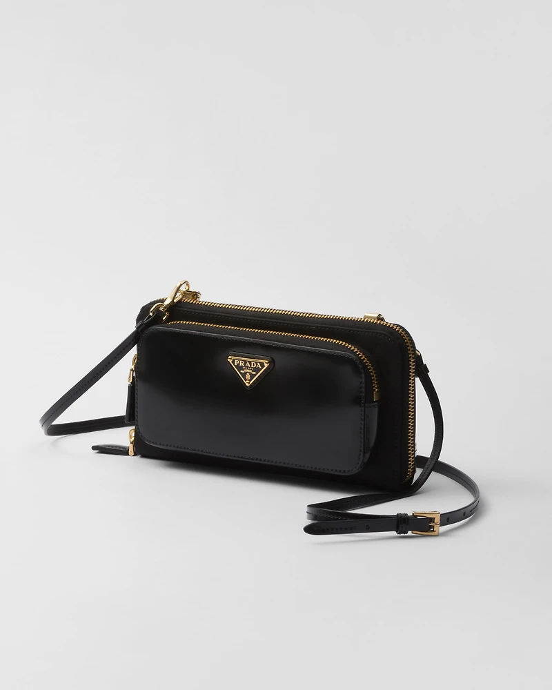 Re-Nylon and brushed leather wallet with shoulder strap