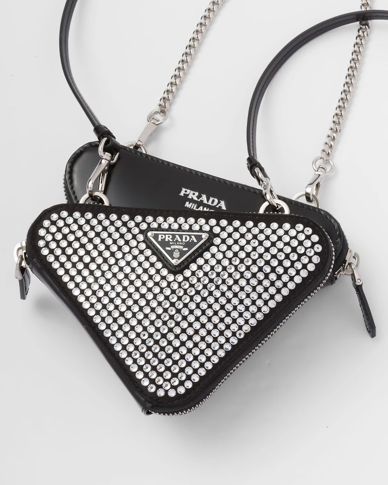 Triangular embellished satin and leather mini-pouch