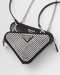 Triangular embellished satin and leather mini-pouch