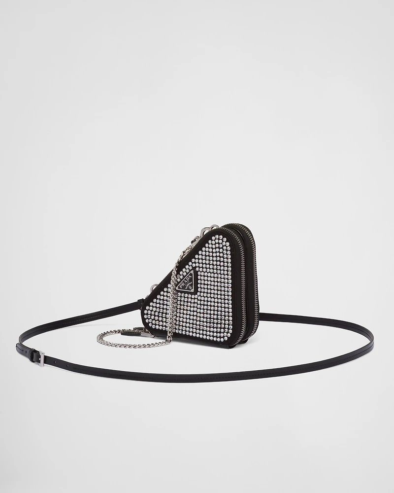 Triangular embellished satin and leather mini-pouch