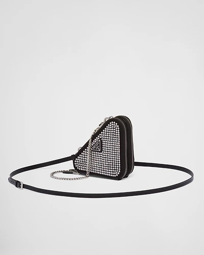 Triangular embellished satin and leather mini-pouch
