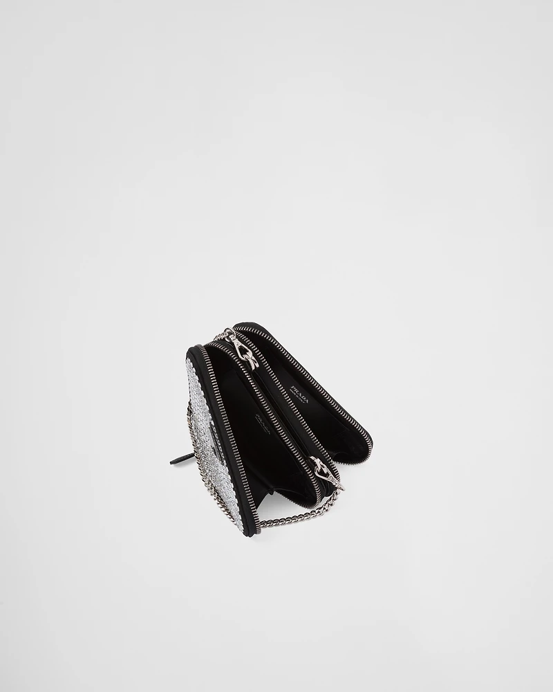 Triangular embellished satin and leather mini-pouch
