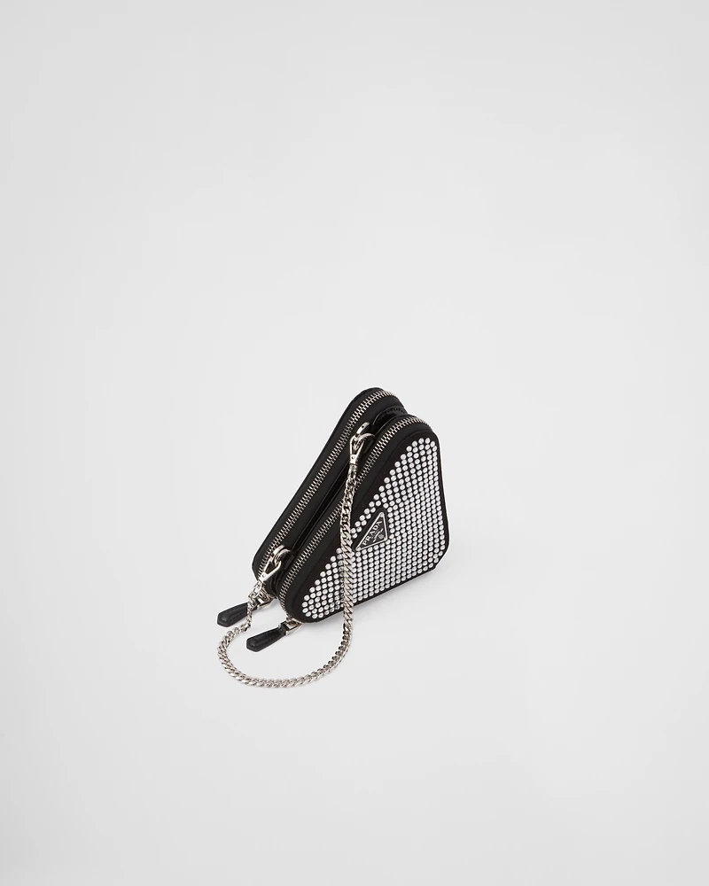 Triangular embellished satin and leather mini-pouch