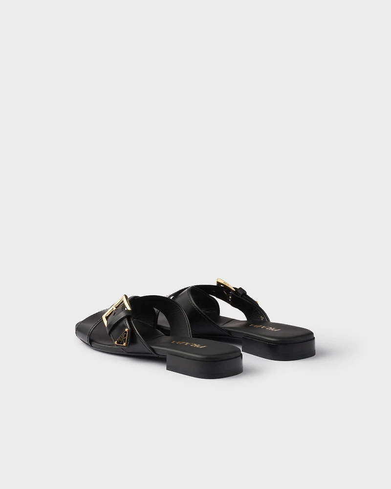Leather crisscross slides with buckle