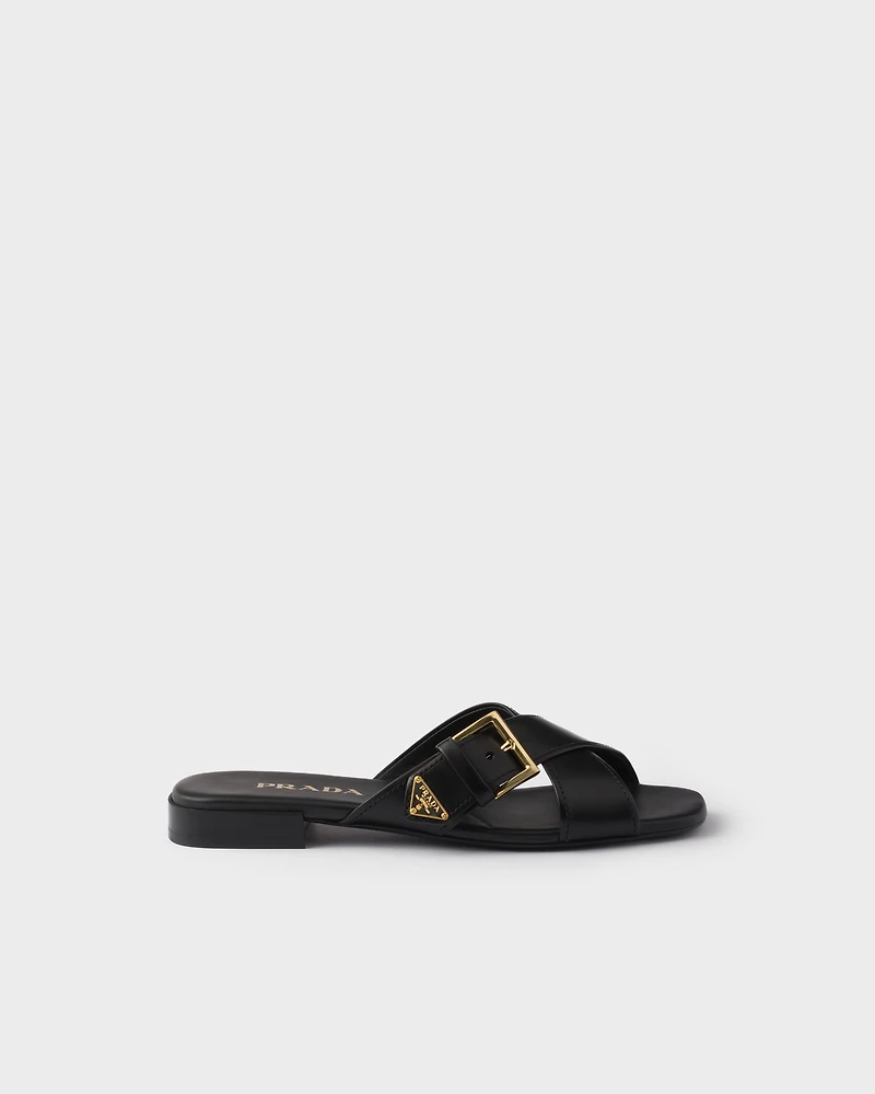 Leather crisscross slides with buckle