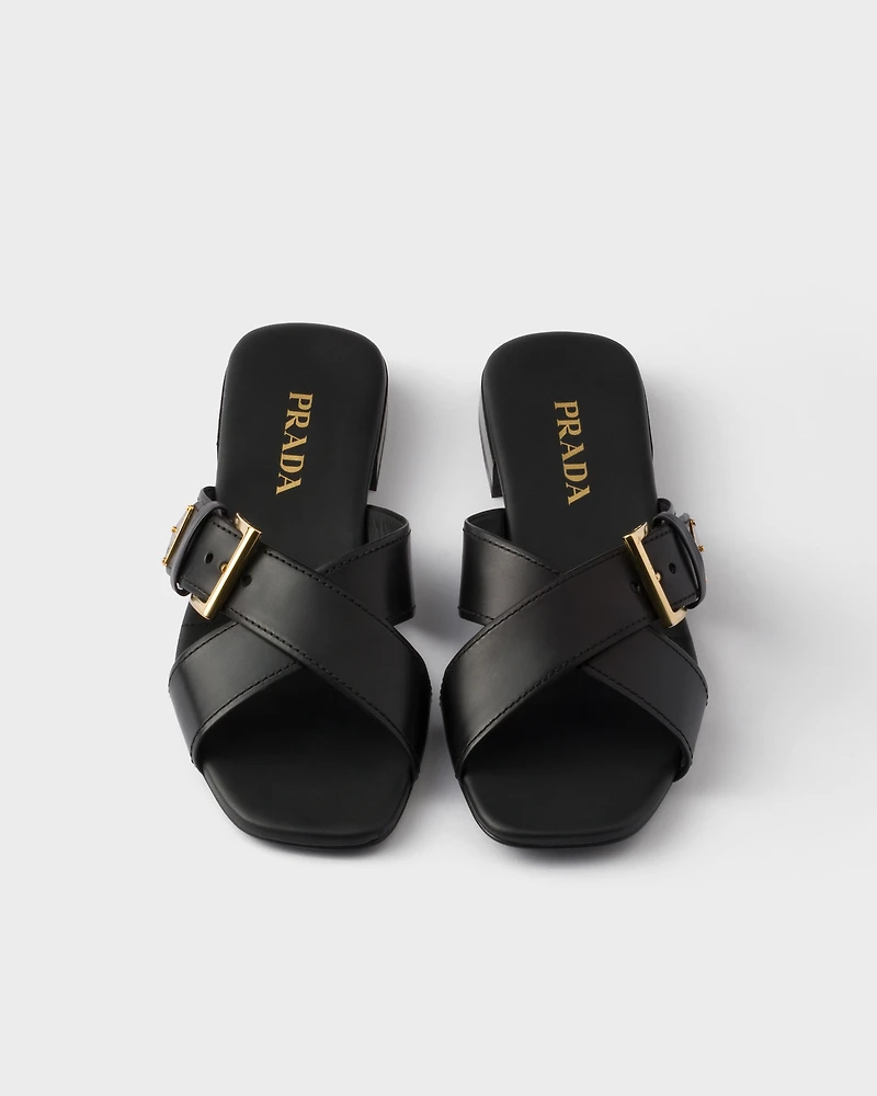 Leather crisscross slides with buckle