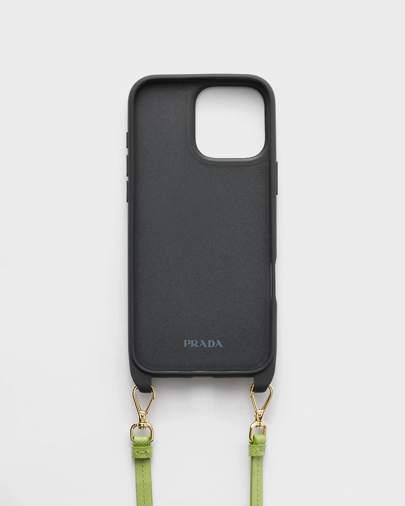 Saffiano leather case for iPhone 16 Pro Max with shoulder strap