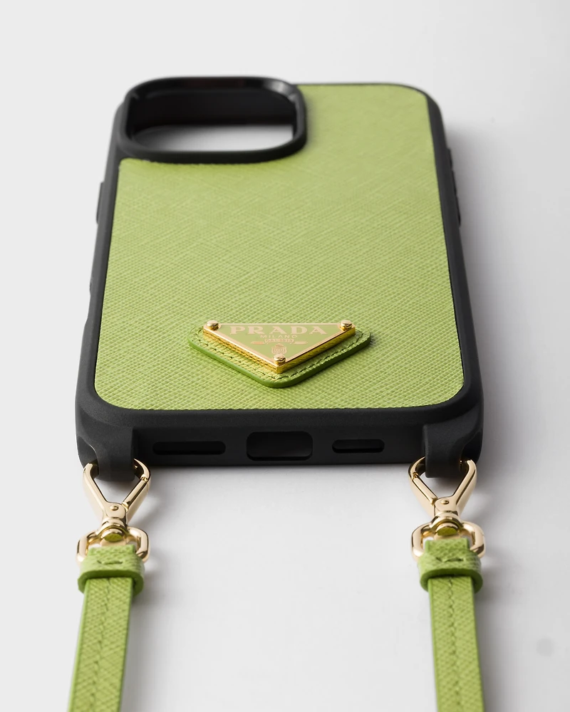 Saffiano leather case for iPhone 16 Pro Max with shoulder strap
