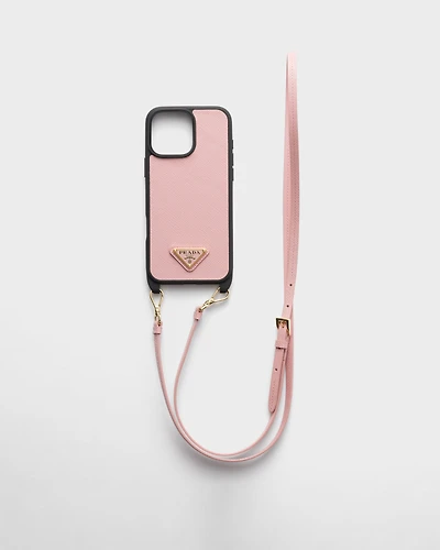 Saffiano leather case for iPhone 16 Pro Max with shoulder strap