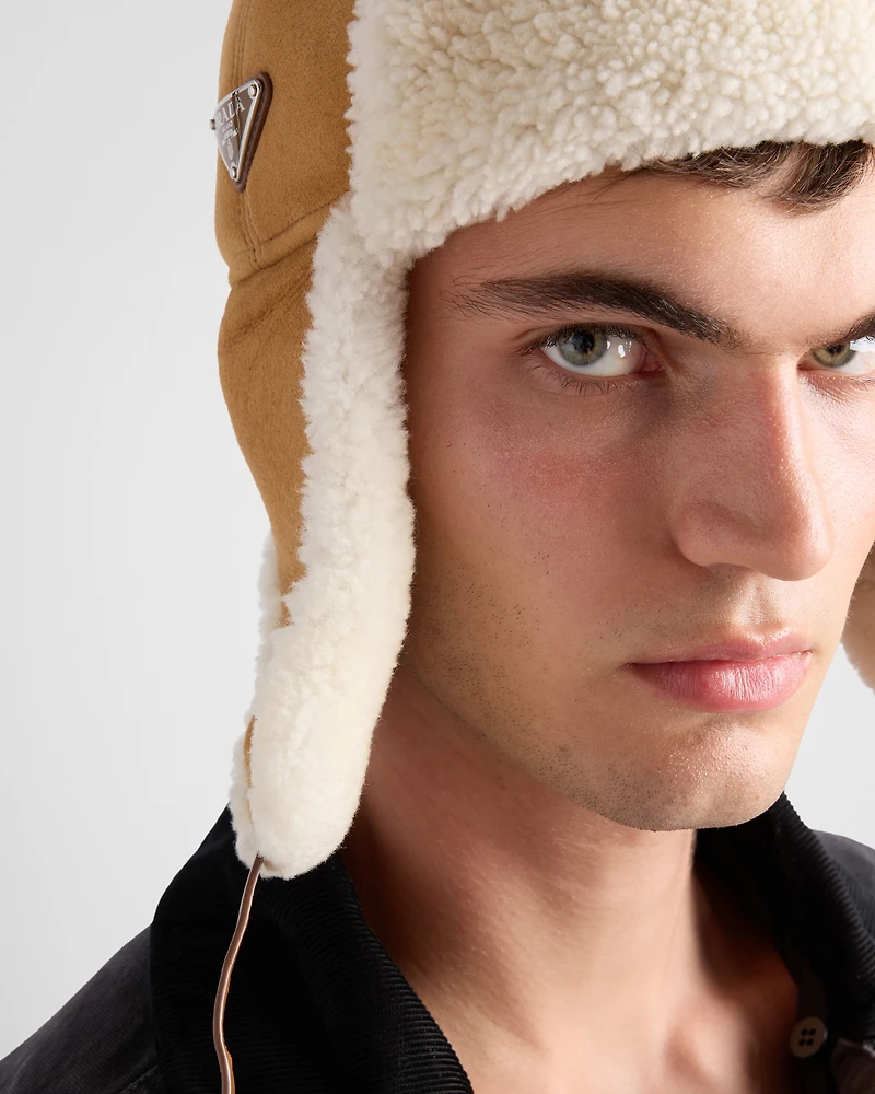 Suede shearling trapper hat