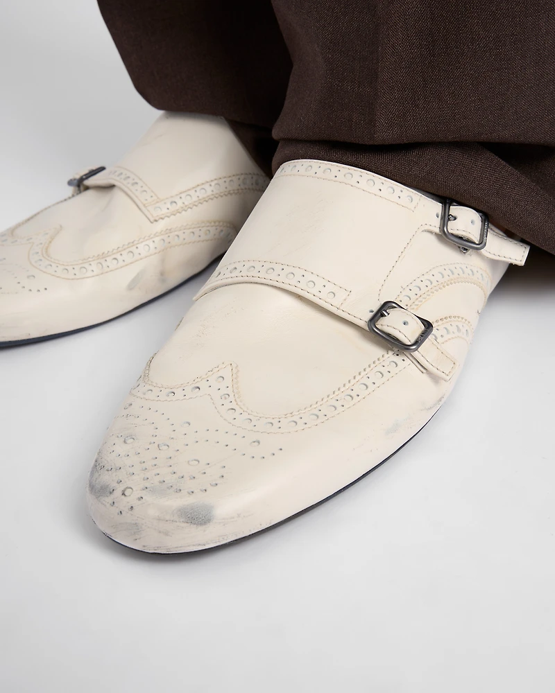 Shuffle antiqued leather double monk strap mules