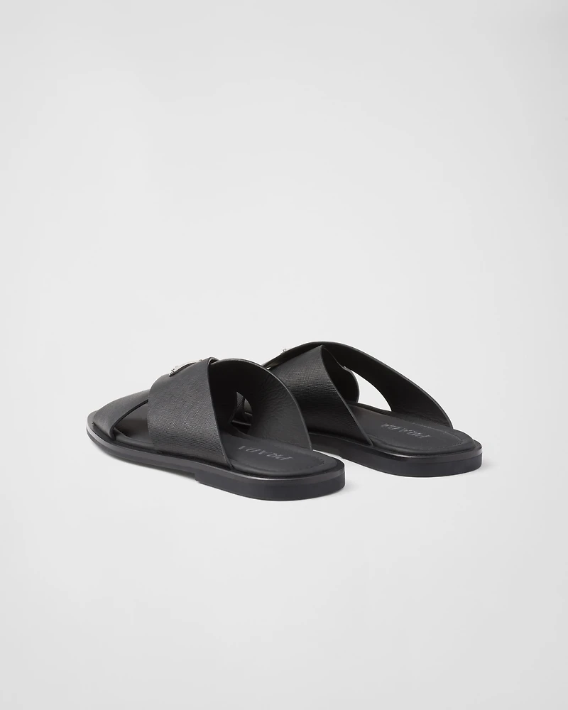 Saffiano leather crisscross slides