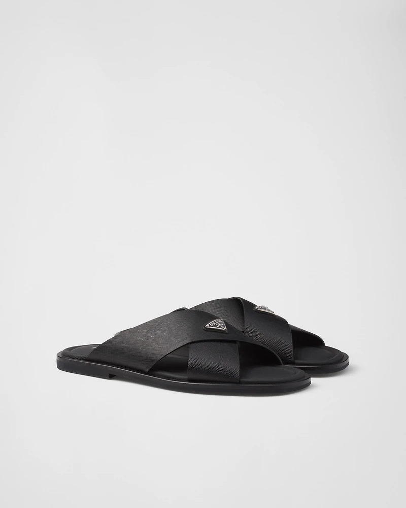Saffiano leather crisscross slides