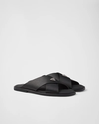 Saffiano leather crisscross slides