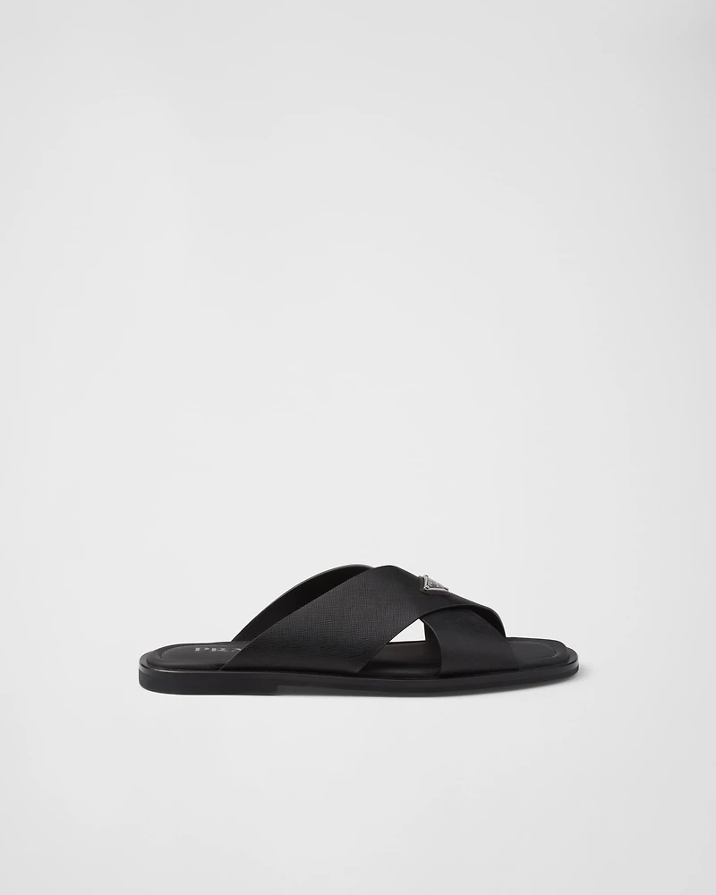 Saffiano leather crisscross slides
