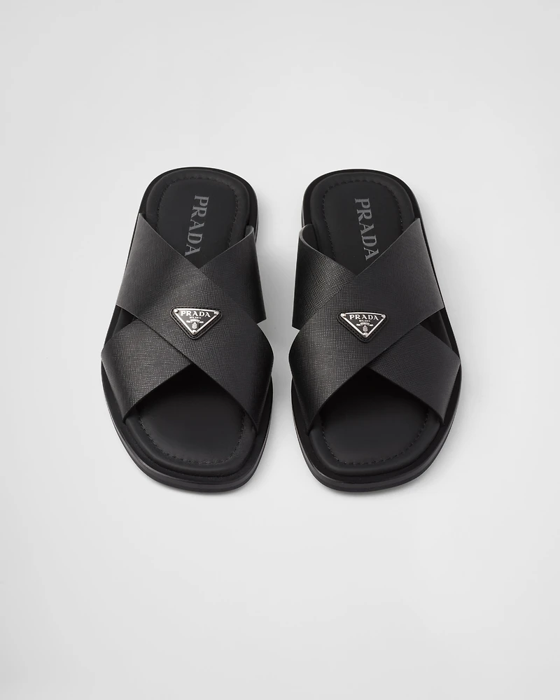 Saffiano leather crisscross slides
