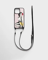 Saffiano and crocodile leather cover for iPhone 16 Pro Max with shoulder strap