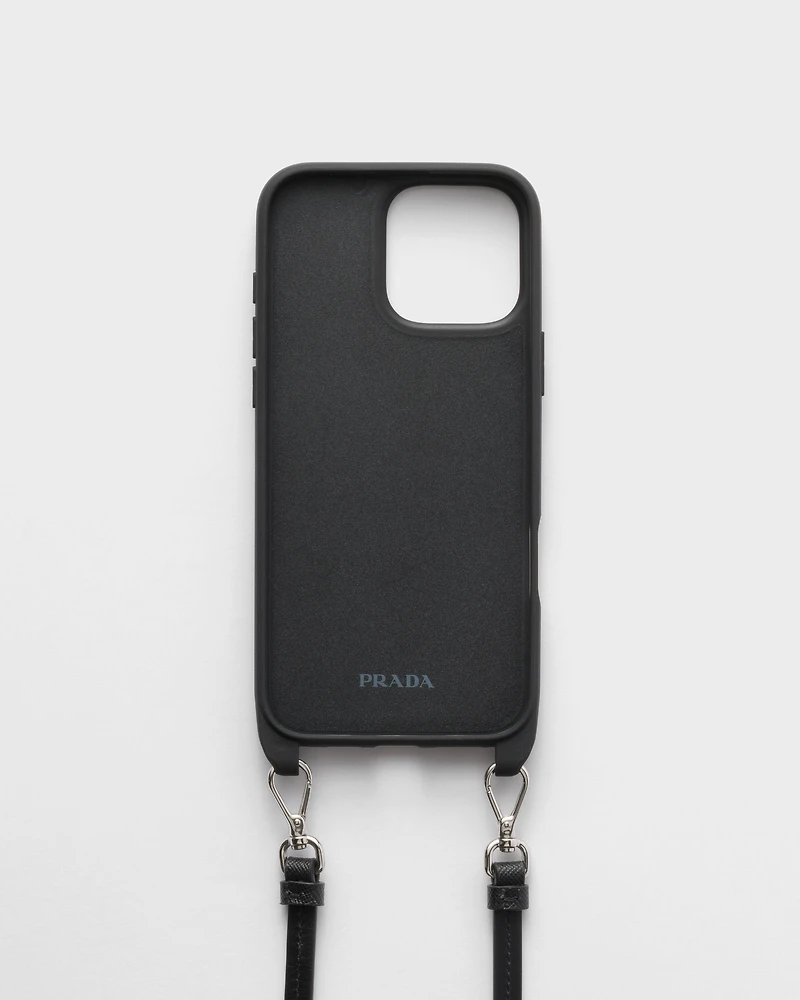 Saffiano and Ayers leather case for iPhone 16 Pro Max with shoulder strap
