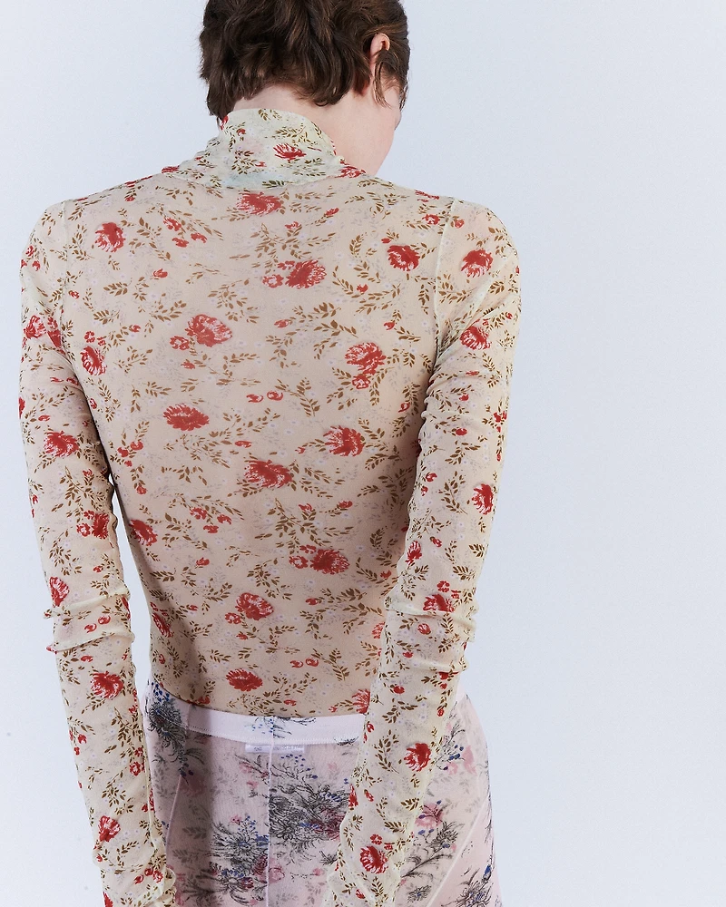 Printed stretch tulle bodysuit