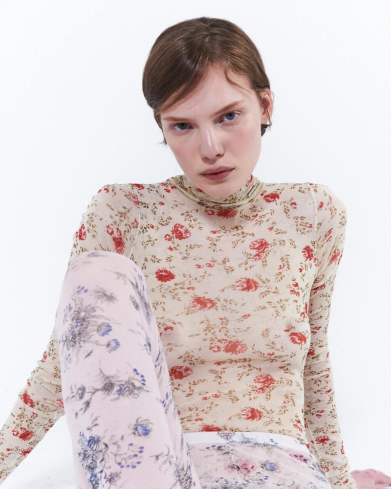 Printed stretch tulle bodysuit