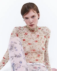 Printed stretch tulle bodysuit