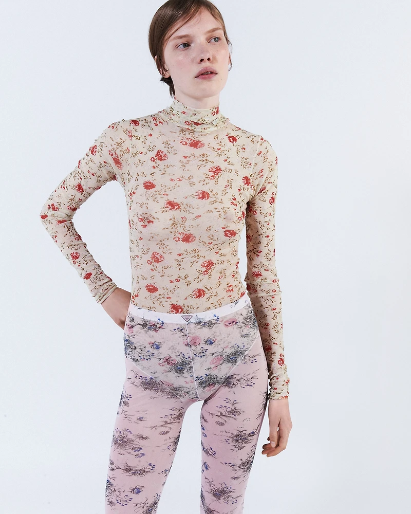 Printed stretch tulle bodysuit