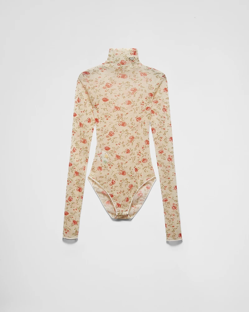 Printed stretch tulle bodysuit