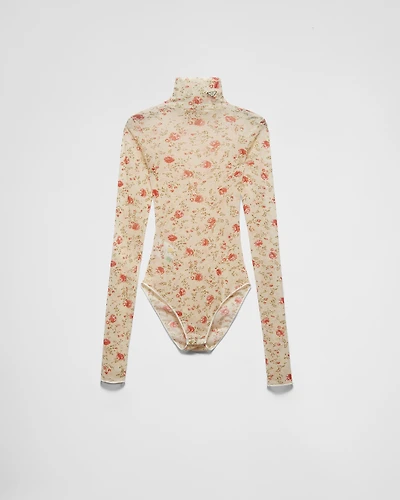 Printed stretch tulle bodysuit
