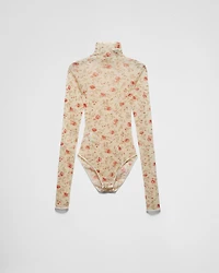 Printed stretch tulle bodysuit