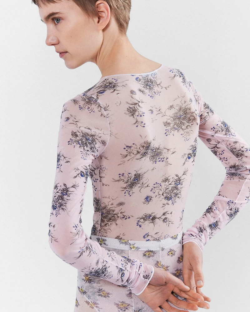Printed stretch tulle bodysuit