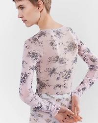 Printed stretch tulle bodysuit