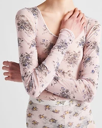Printed stretch tulle bodysuit