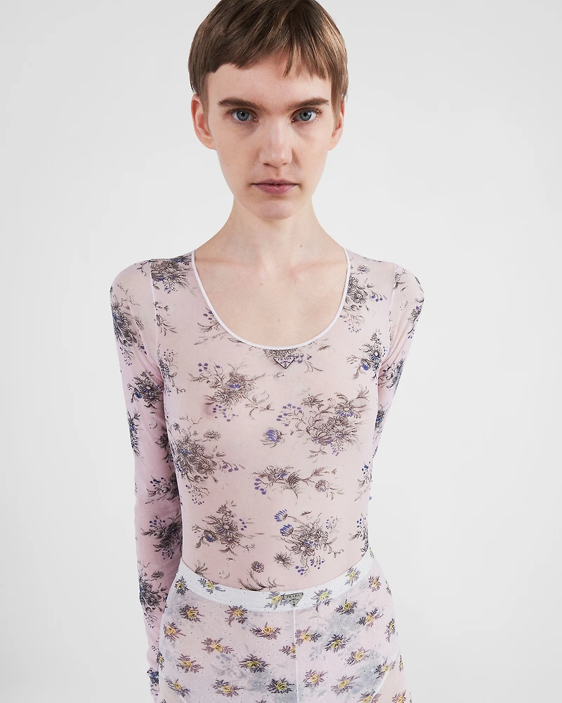 Printed stretch tulle bodysuit