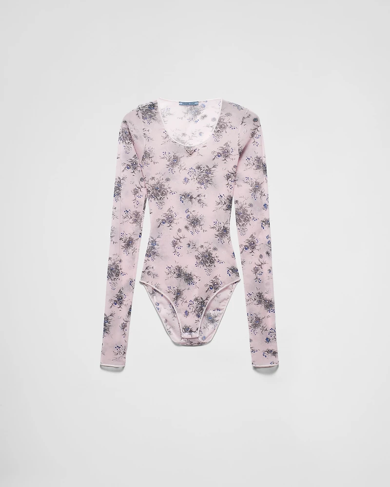 Printed stretch tulle bodysuit
