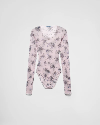 Printed stretch tulle bodysuit