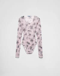 Printed stretch tulle bodysuit