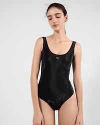 Jersey one-piece swimsuit with rhinestones