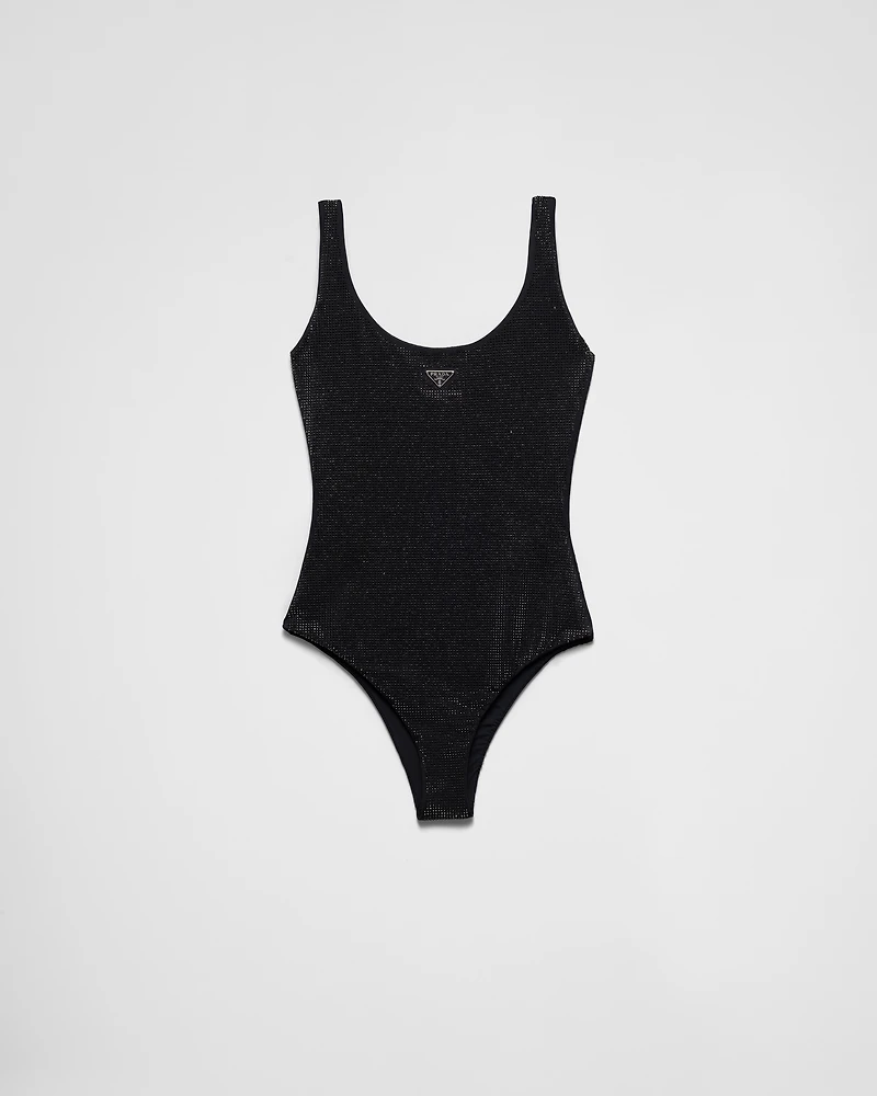 Jersey one-piece swimsuit with rhinestones