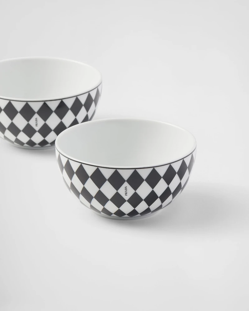 Set of two porcelain rice or cereal bowls  - Checkerboard
