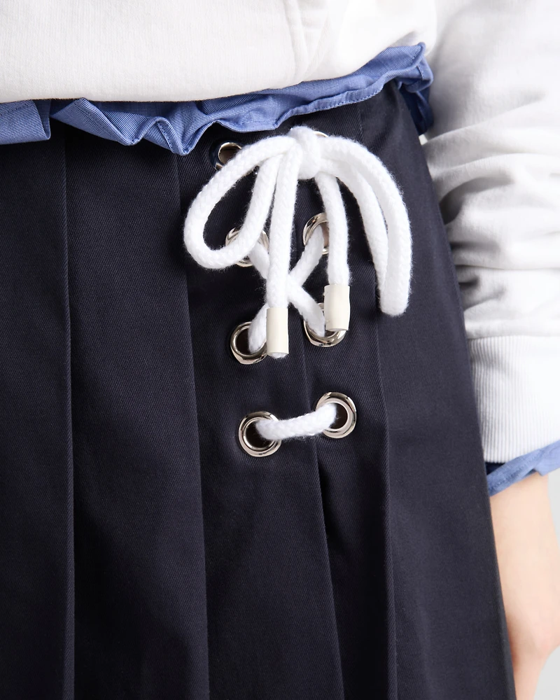 Pleated stretch drill miniskirt