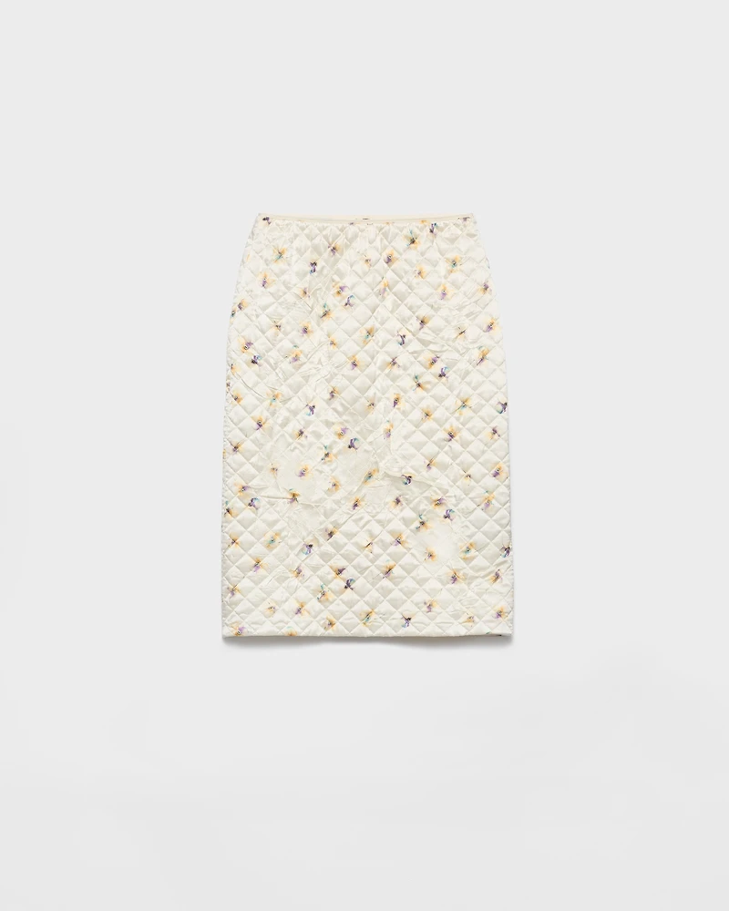 Floral-print quilted satin skirt