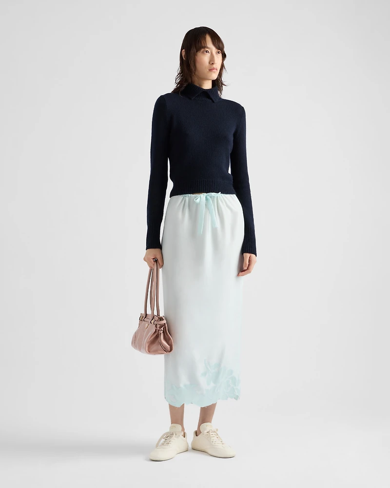 Embroidered habutai silk midi-skirt