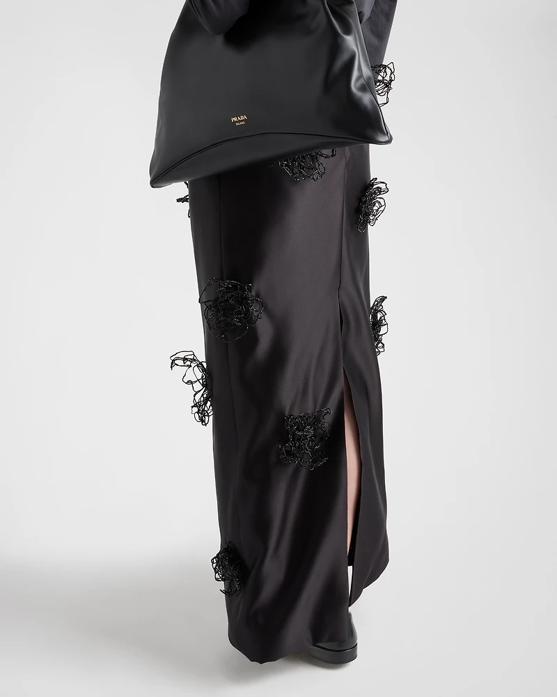 Long embroidered double satin skirt
